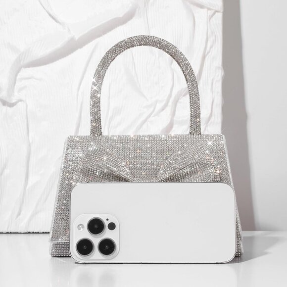 Evening Clutch Purse for Women Sparkly Bow Glitter Wedding Party Silver Bag - Picture 5 of 9